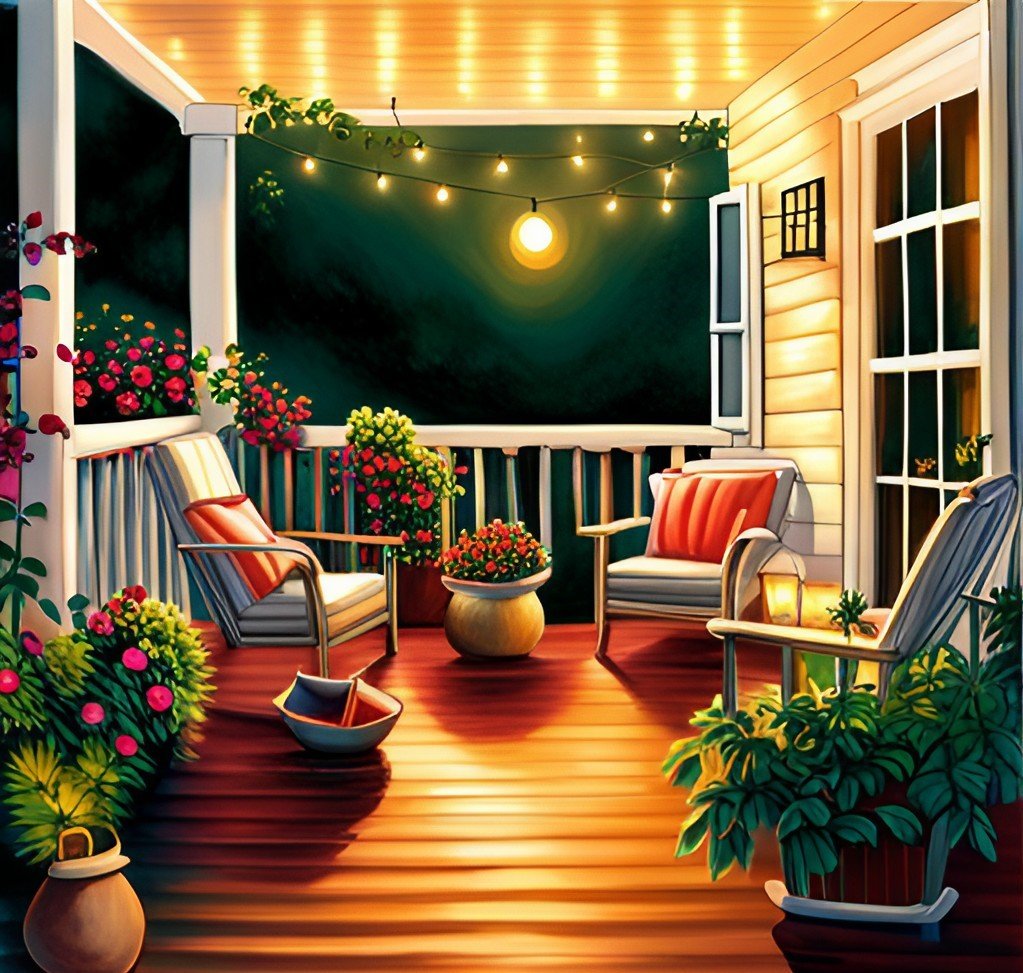 String lights, lanterns, and lightly shaded lamps all lend a soft glow that complements the warm glow of twilight at the indoor porch representing indoor patio furniture.