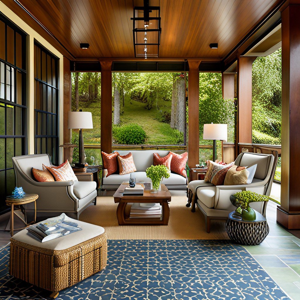 Start with a solid foundation of neutrals, and layer on seasonal colors and patterns in indoor porch design