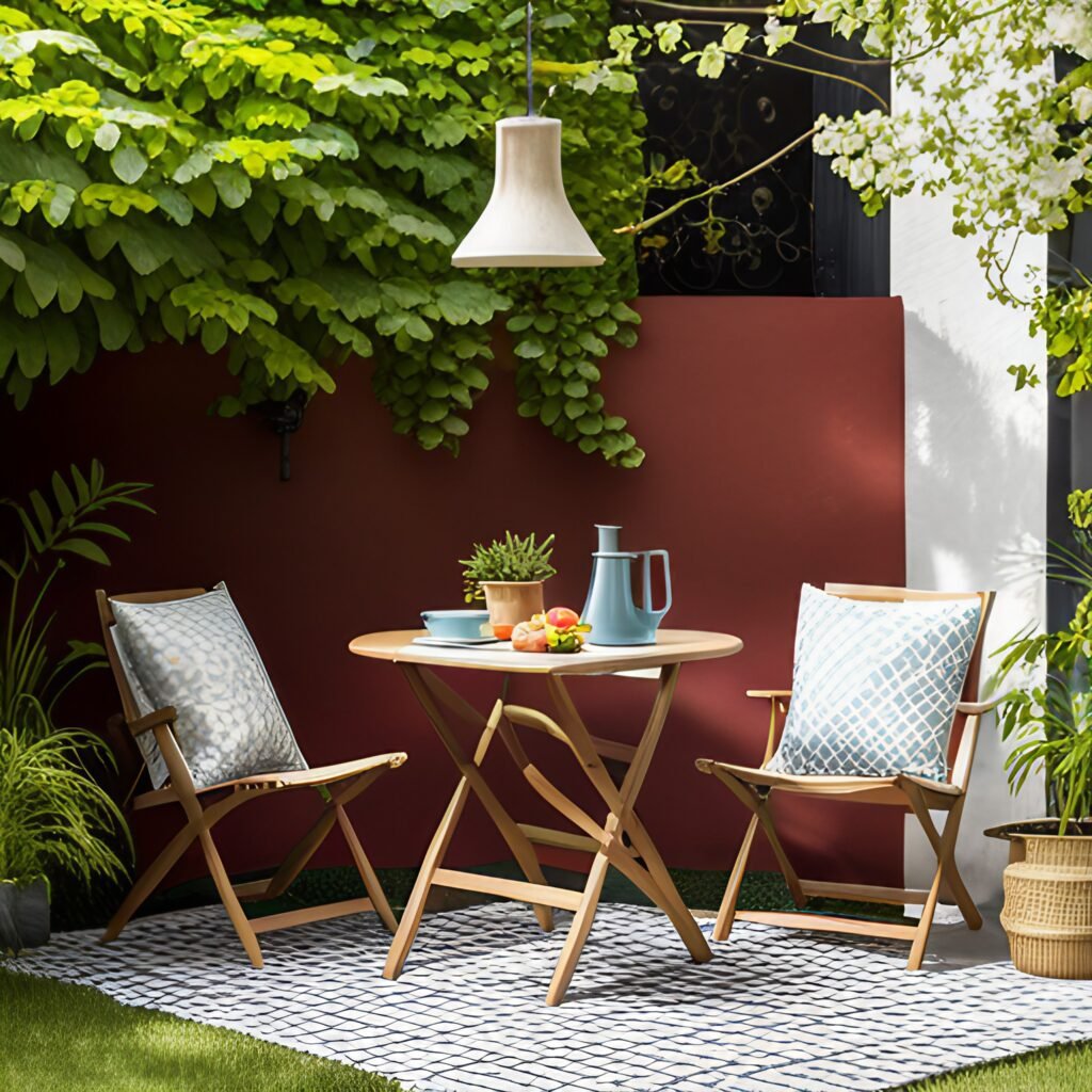 image of small patio decoration with brisro table, Foldable Chairs, Vintage Bench