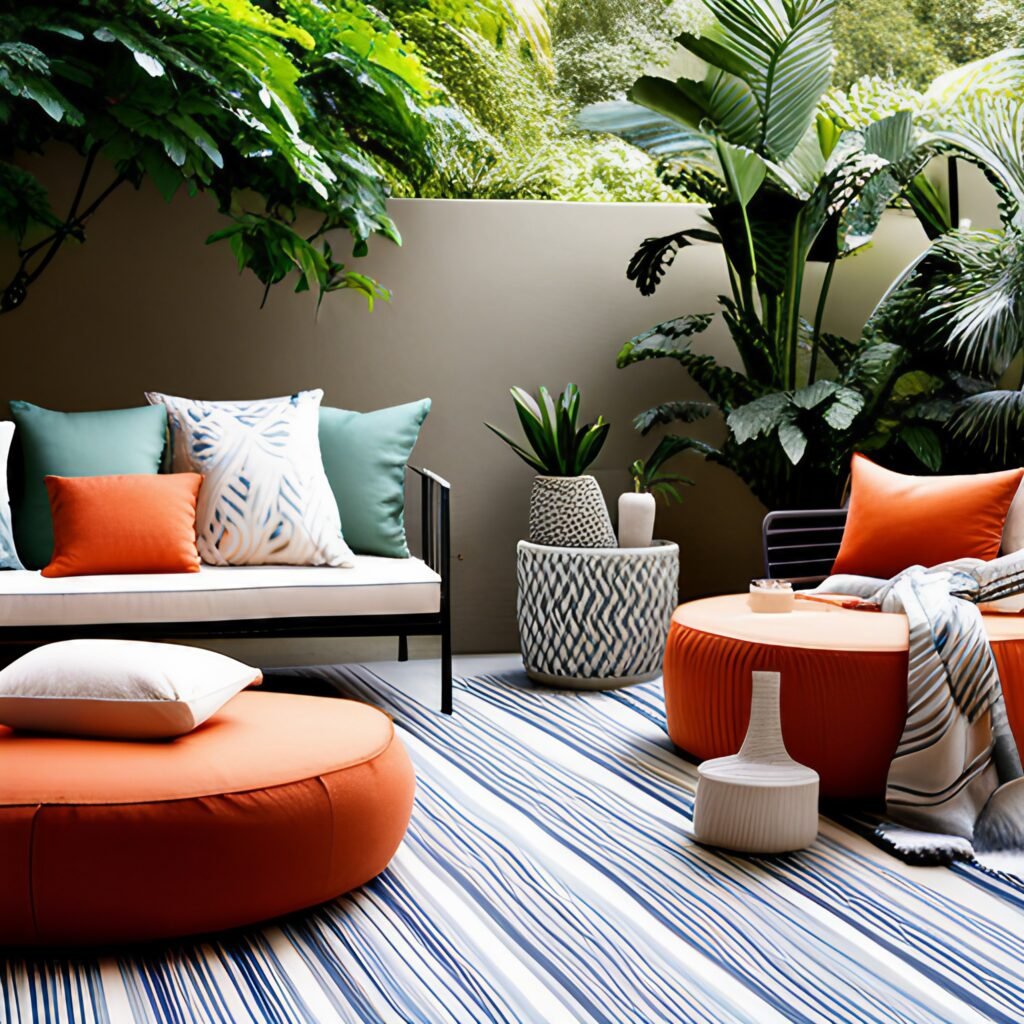 Small patio decoration with outdoor pillows, throw blankets, floor cushions.