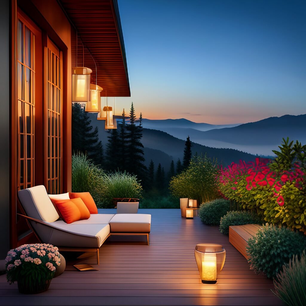 image of small outdoor patio decoration with low budget string lights, Solar Lanterns, candles