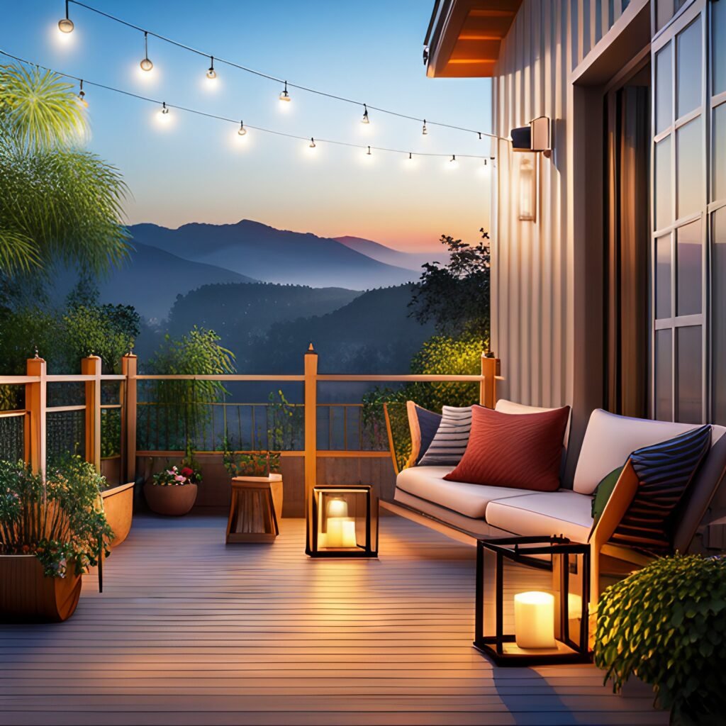 image of small outdoor patio decoration with low budget string lights, Solar Lanterns, candles