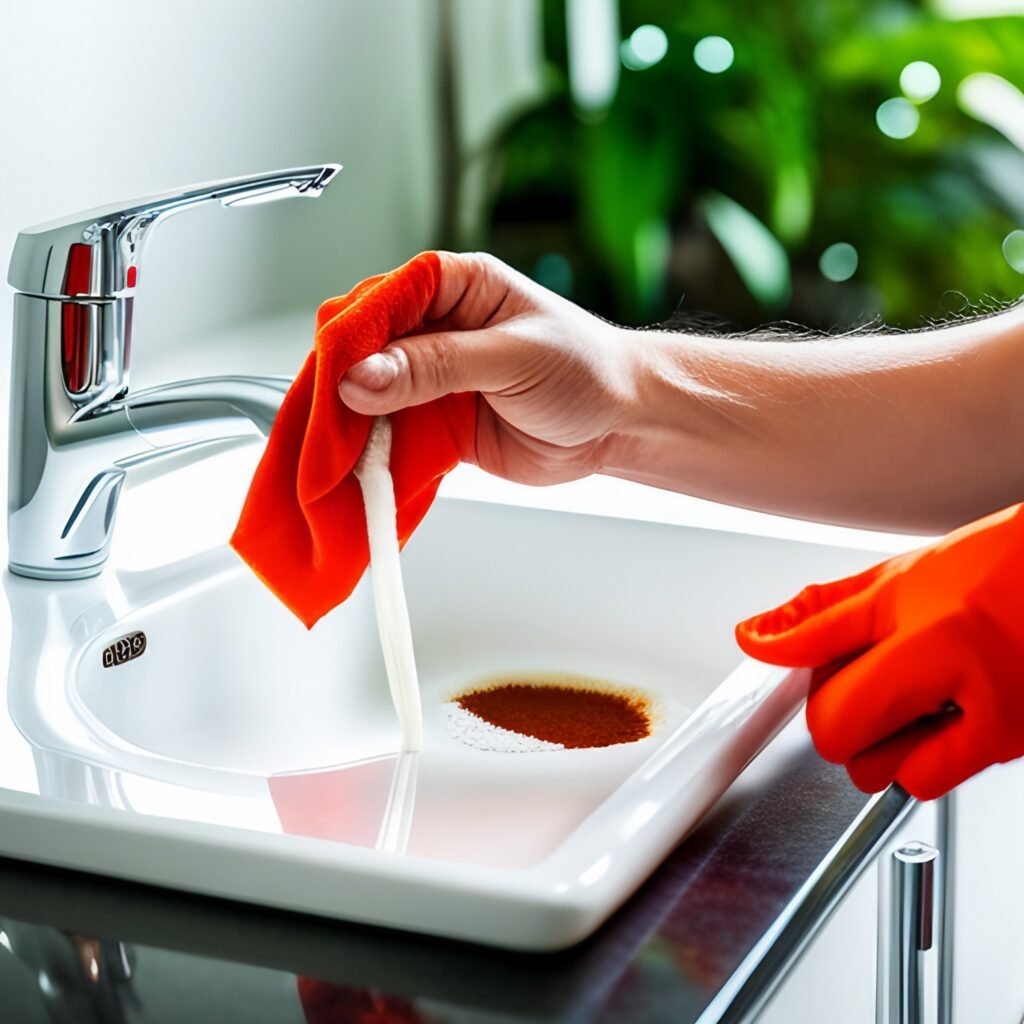 image of removing red rust stains in sink a soft cloth