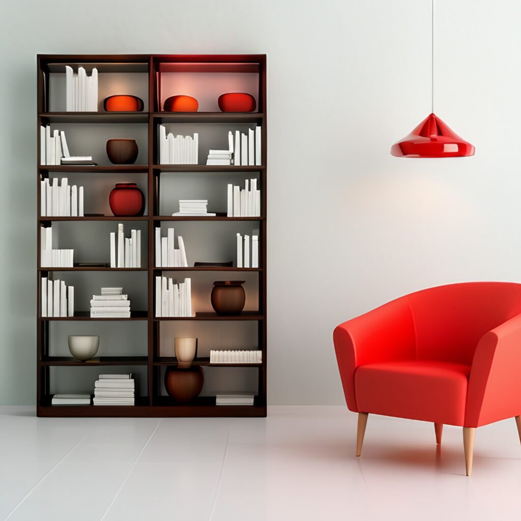 Image of a balanced bookshelf with chair and light decoration