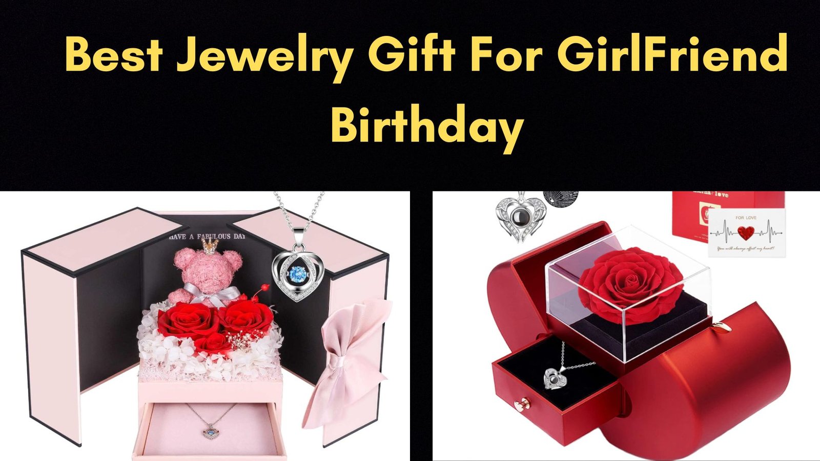 Two jewelry gift boxes full of necklace and roses