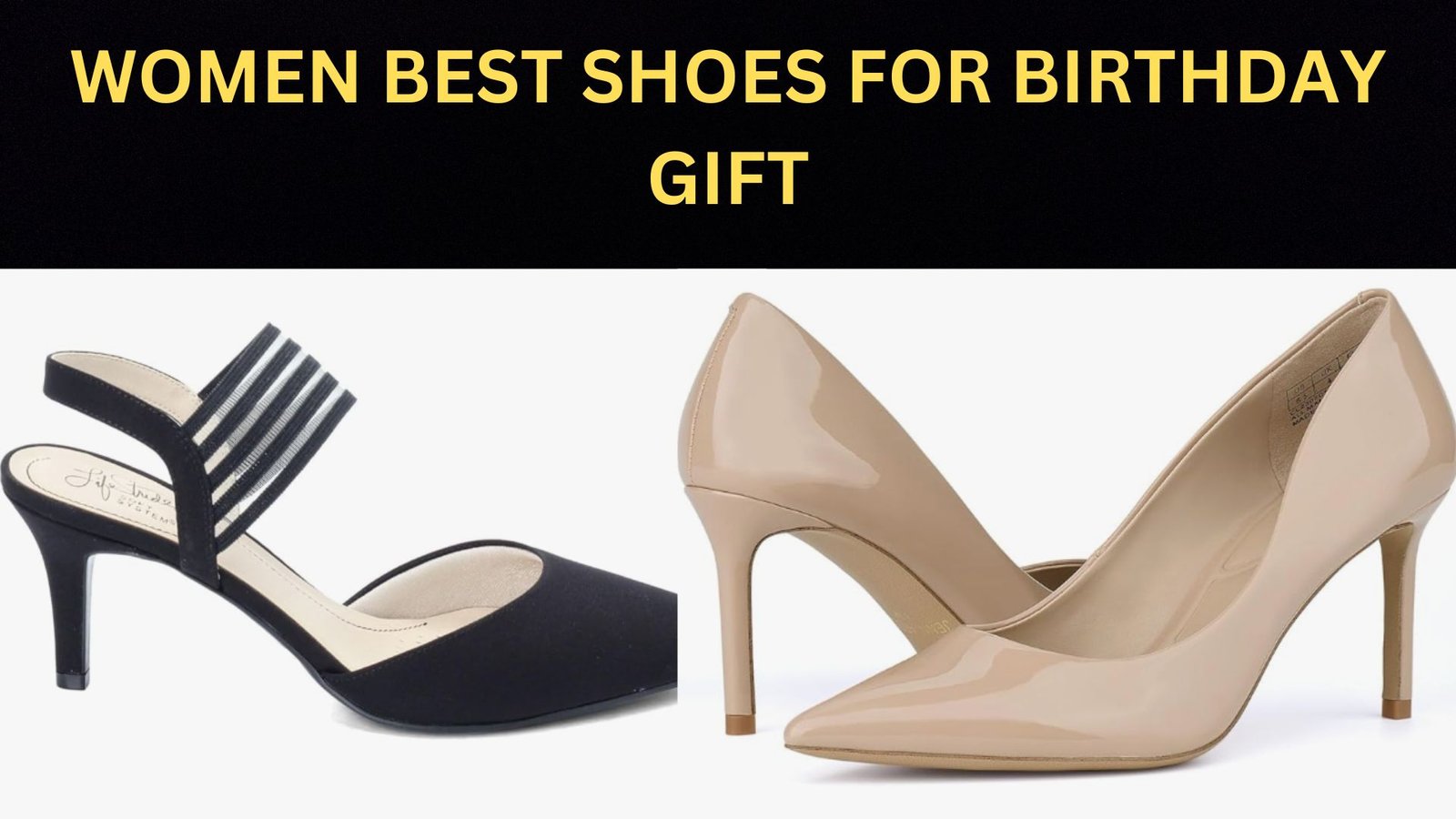 Women best shoes for birthday gift, two shoes, one single black shoe and other silver pair of shoes