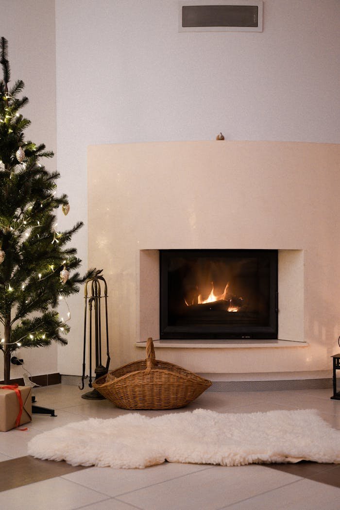 Fireplace, charismas tree, rug placed in a room