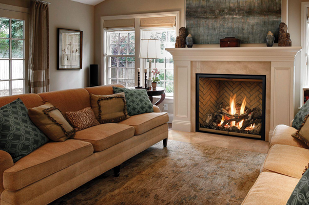 living room decorated with wall decor, sofa set, fireplace