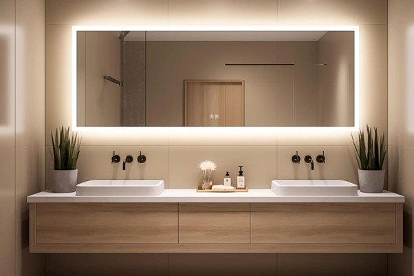 a large rectangular bathroom mirror is decorated by LED lights where 2 sinks, 3 flower basket and hand soaps in the top of basin