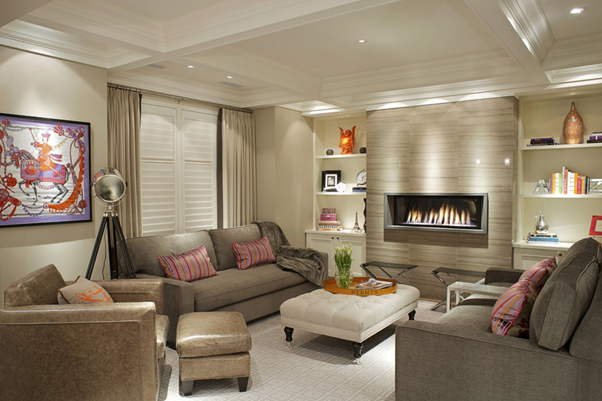 living room decorated with spots for books, framed photos, plants, or decorative pieces. 