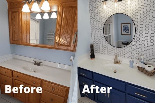 bath remodel, before it was a window, sink and after remodel we get mirror, sink, soap