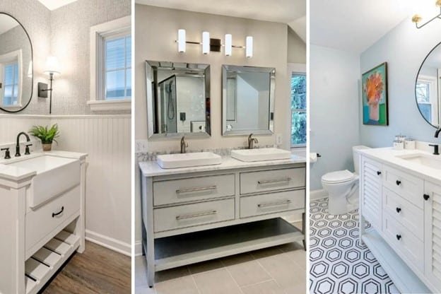 picture where table, mirror, lights, sink and toilet representing Bath Remodel Ideas on a Budget