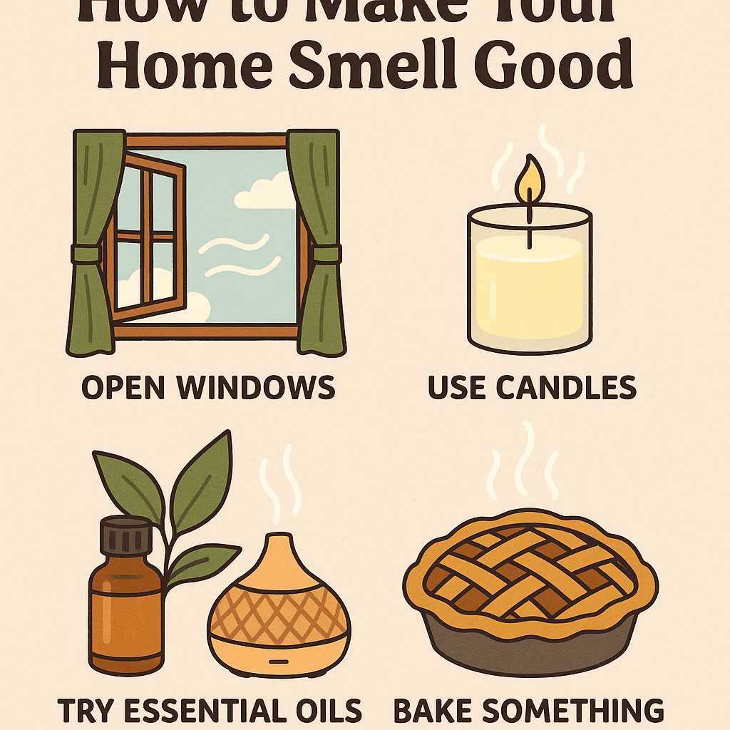 Infographic showing four simple tips to make your home smell good: open windows, use candles, try essential oils, and bake something.