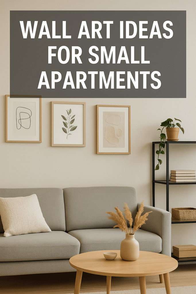 A digital photograph with overlaid text showcasing a cozy small apartment wall decorated with framed art, mirrors, and floating shelves, labeled “Wall Art Ideas for Small Apartments.”