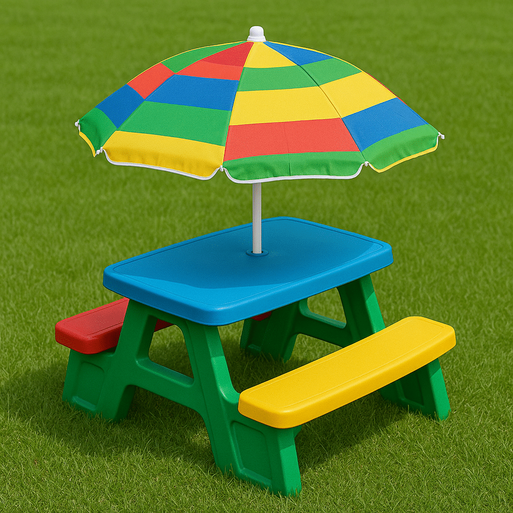 A colorful baby picnic table with red and yellow benches, a blue tabletop, and a striped rainbow umbrella set on green grass.
