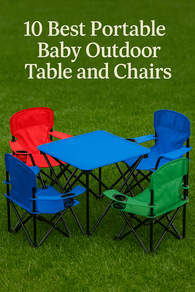 A colorful portable baby outdoor table with foldable chairs in red, blue, and green set on a grassy lawn, with text reading “10 Best Portable Baby Outdoor Table and Chairs.
