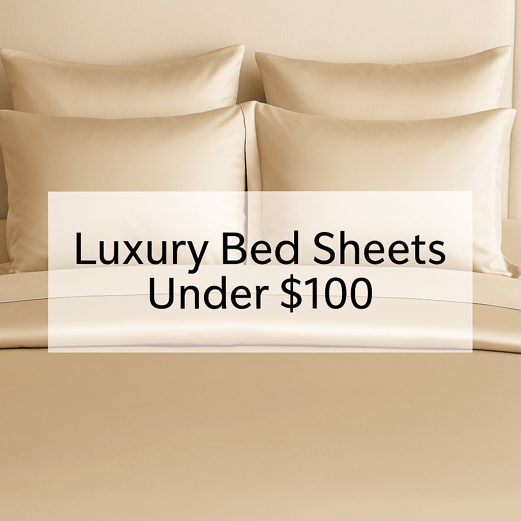 Featured image of luxurious beige bed sheets with pillows, overlaid with the text “Luxury Bed Sheets Under $100.